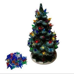 - Vintage 12" Ceramic Christmas Tree Holland Mold w Holly Base Multi-Color